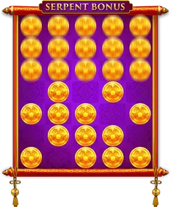 SERPENT BONUS symbols award 1 spin on a 5x7 board.
