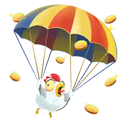A chicken flies on a parachute
